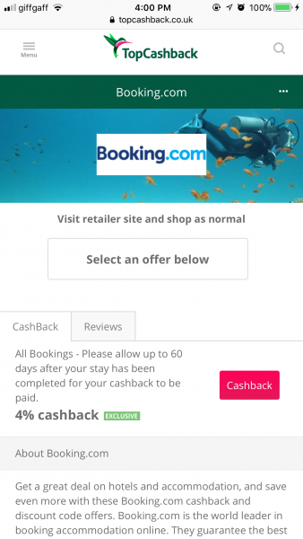 Booking.comの「キャッシュバック」ページ