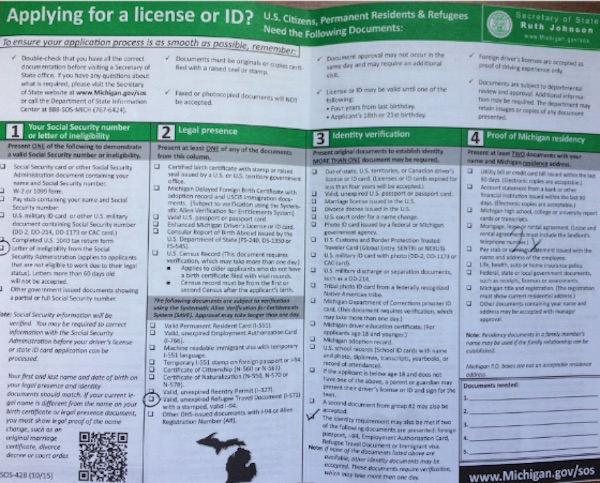 ミシガン州の運転免許の筆記試験で必要書類について説明が書かれた用紙