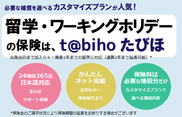 留学生に人気のネット専用リスク細分型海外旅行保険「t@bihoたびほ」